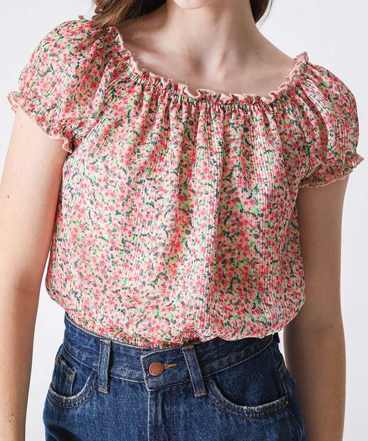 Blusa Juvenil Cropped Ciganinha Floral Marisa Tam 10 a 16 Rosa