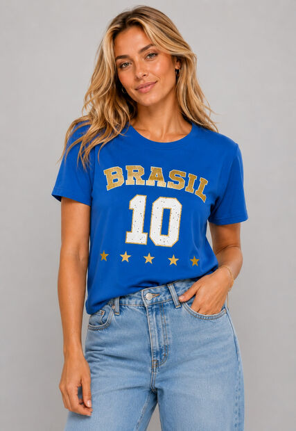 Blusa Brasil 10 Malha Comfy Manga Curta Azul Salvatore