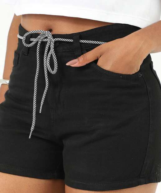 Short Feminino Sarja Cordão Cintura Alta Preto