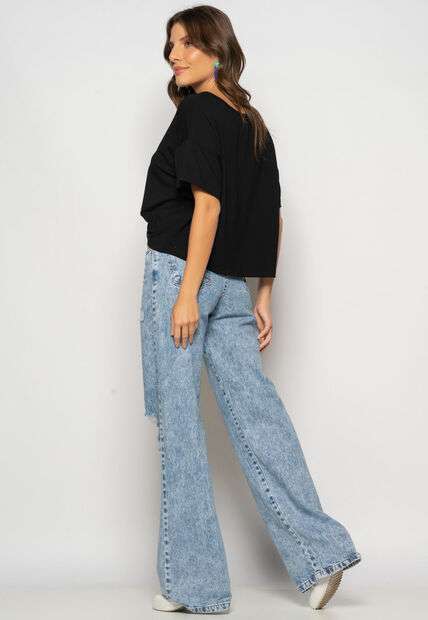 Cropped Amplo Manga Curta Malha Preto Salvatore