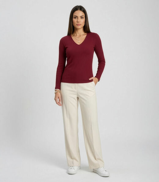Blusa Manga Longa Em Ribana Canelada Rovitex Vermelho