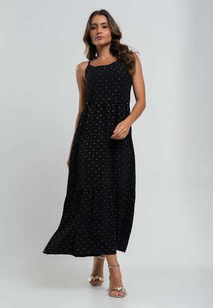 Vestido Midi Viscose Babado Com Lurex Preto Salvatore Fashion