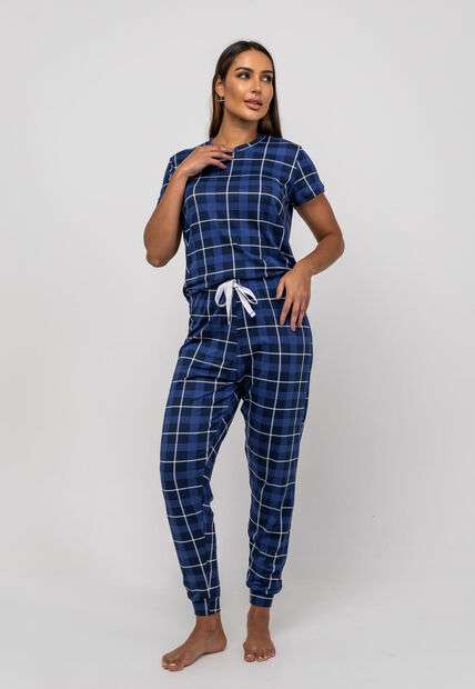 Pijama Calça e Blusa M/C Malha Xadrez Azul Salvatore Fashion