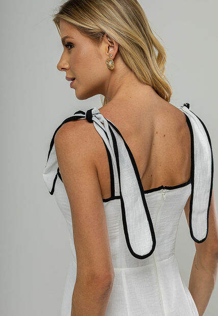 Vestido Midi Com Alças De Amarração e Acabamento Contrastante Branco Salvatore