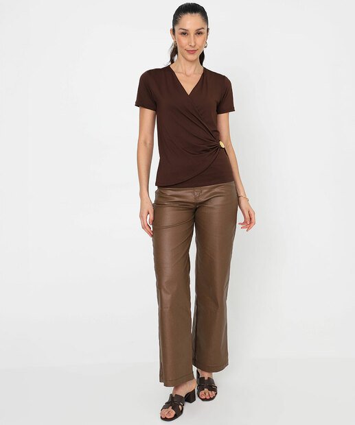 Image_Calça Feminina Sarja Wide Leg Resinada Sawary Marrom