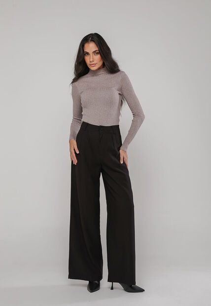 Blusa de Tricot Canelado Gola Alta Bege Salvatore