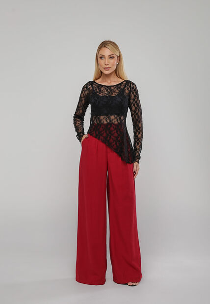 Blusa De Renda Assim?trica Manga Longa Preto Salvatore