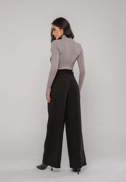 Blusa de Tricot Canelado Gola Alta Bege Salvatore