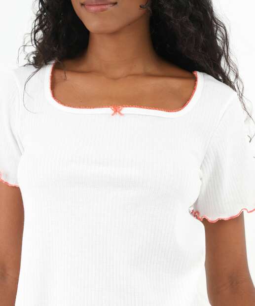 Pijama Feminino Canelado Manga Curta Marisa Off White