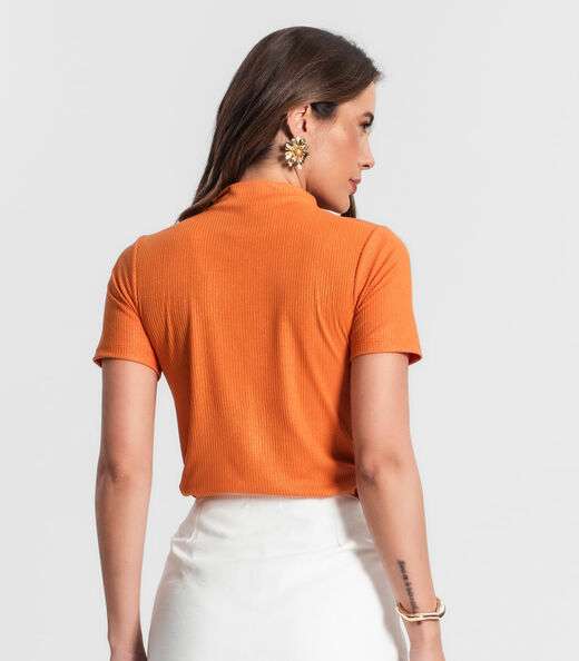 Blusa Gola Alta Em Ribana Canelada Lurex Rovitex Laranja