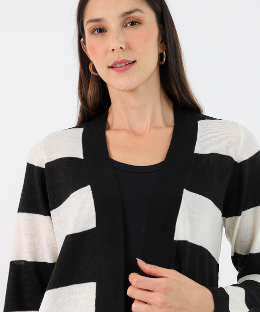 Cardigan Feminino Tricô Listrado Alongado Marisa Marrom
