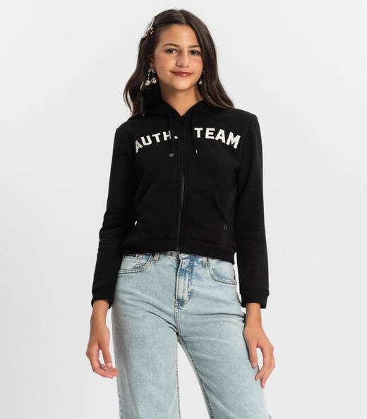 Jaqueta Juvenil Feminina Com Capuz Minty Preto