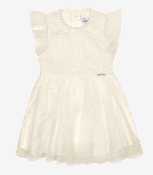 Vestido Infantil Tule Bordado Trick Nick Bege
