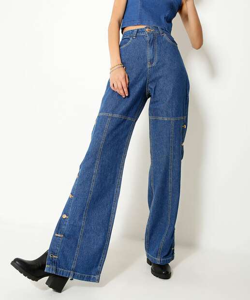 Calça Wide Leg Feminina Botões Zune Jeans
