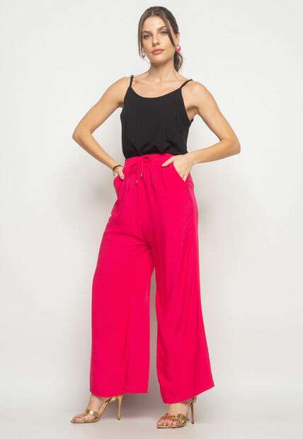 Calça Wide Leg Viscolinho Com Bolso Rosa Salvatore Fashion