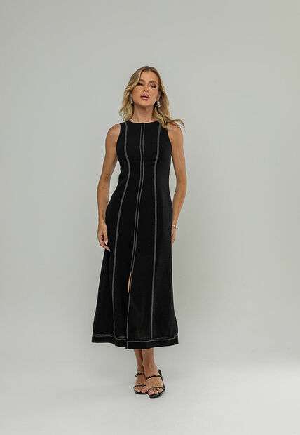 Vestido Midi Com Fenda Frontal E Costura Contrastante Preto Salvatore