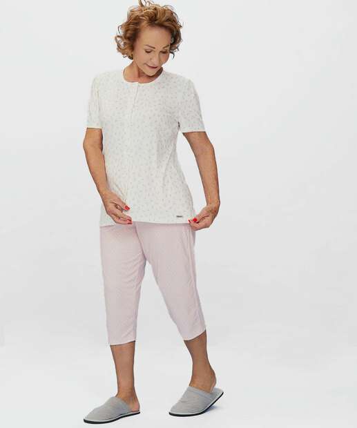 Pijama Feminino Peach Skin Floral Poá Manga Curta 