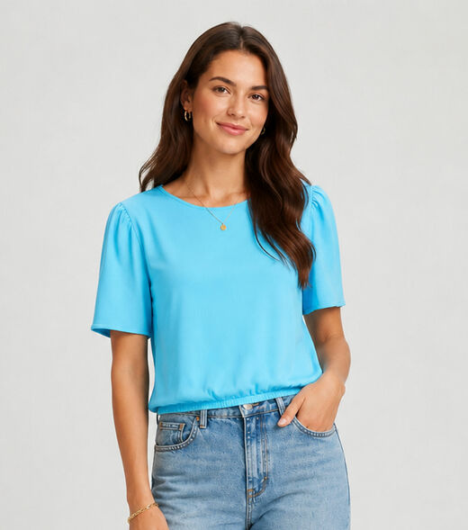 Image_Blusa Feminina Com Franzido Na Manga Infinita Cor Azul