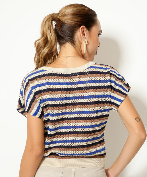 Blusa Feminina Tricô Listrada Manga Curta Marisa