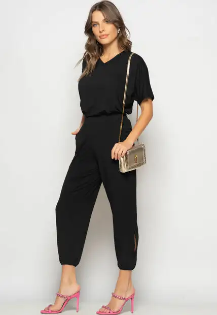 Conjunto Blusa Ampla Gola V e Calça Jogger Fenda Malha Preto Salvatore