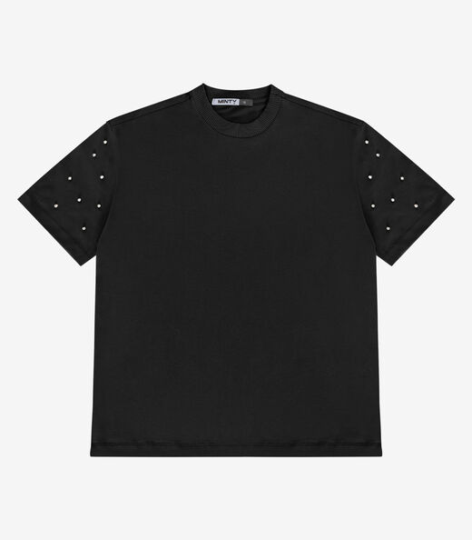 Image_T-Shirt Feminina Com Rebite E Strass Minty Preto