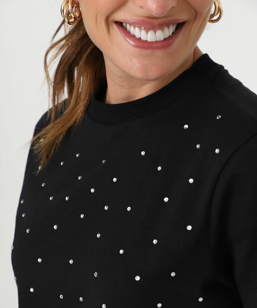 Blusa Feminina Strass Manga Curta Marisa Preto
