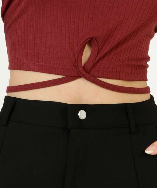 Blusa Cropped Feminina Canelada Amarração Manga Longa