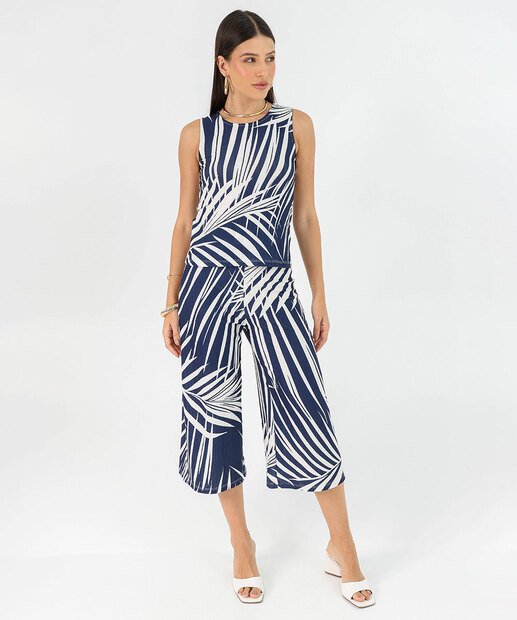 Image_Calça Feminina Pantacourt Estampa Folhagem Marisa Azul