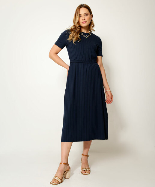 Vestido Midi Feminino Canelado Manga Curta Marisa