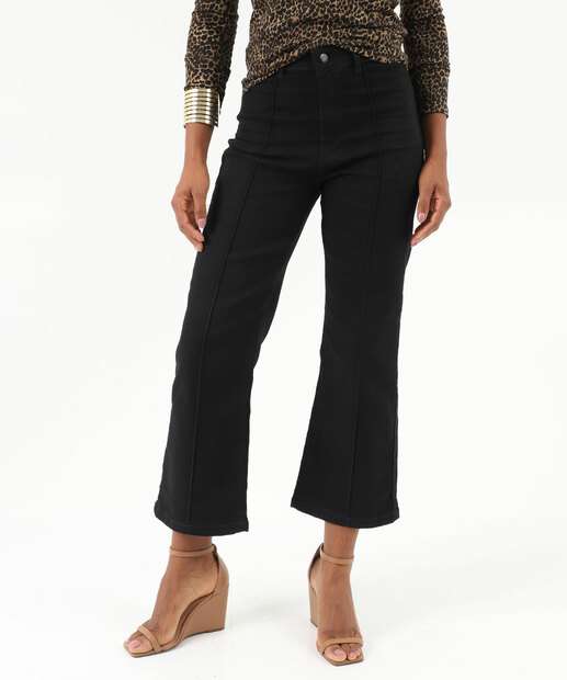 Calça Jeans Reta Feminina Bolsos Preto