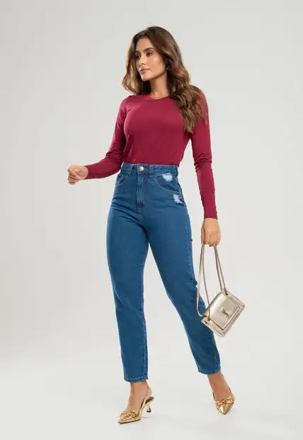 Blusa Básica Manga Longa e Gola Redonda Malha Vinho Salvatore Fashion