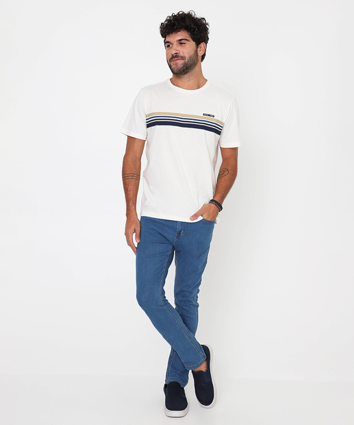 Camiseta Masculina Listras Recorte Manga Curta Marisa Off White