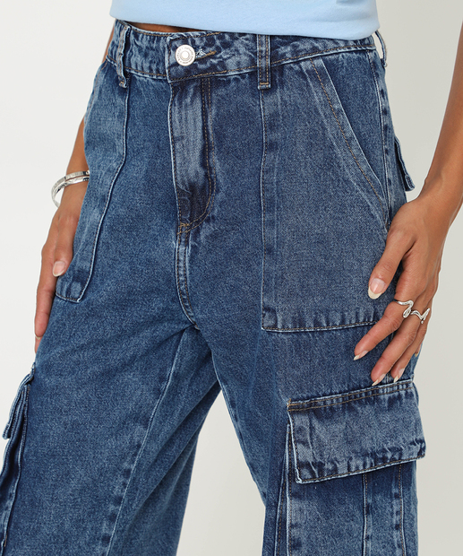 Calça Feminina Jeans Reta Cargo Sawary Azul