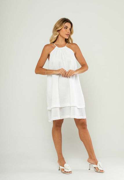 Vestido Curto Com Alças Finas e Babado Duplo Branco Salvatore