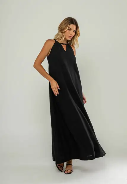 Vestido Longo Decote Com Recorte E Amarração Preto Salvatore