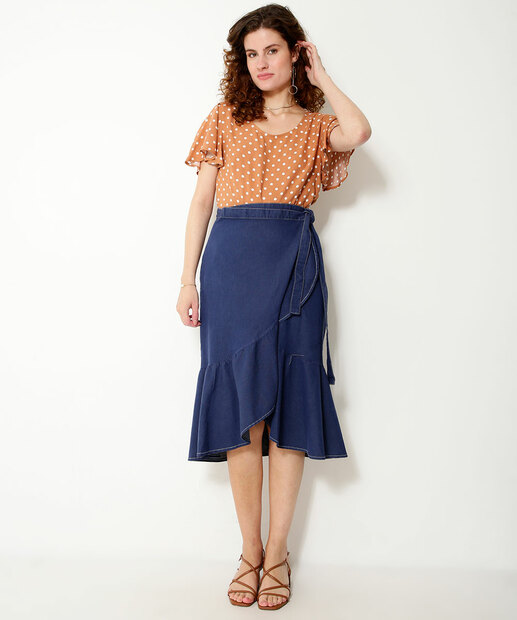 Saia Jeans Midi Feminina Transpassada Marisa
