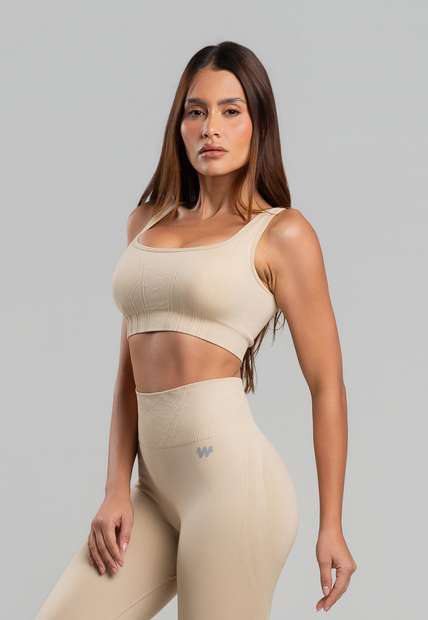 Conjunto Fitness sem Costura Top e Legging em Poliamida Bege Wemood