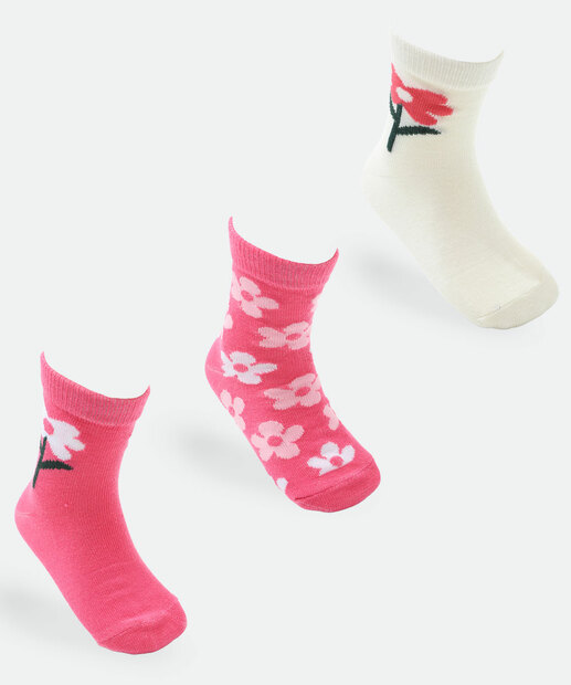 Image_Kit 3 Meias Infantil Estampa Flores Marisa Rosa