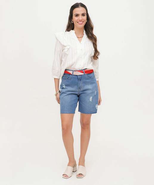 Bermuda Jeans Feminina Barra Desfiada Puídos