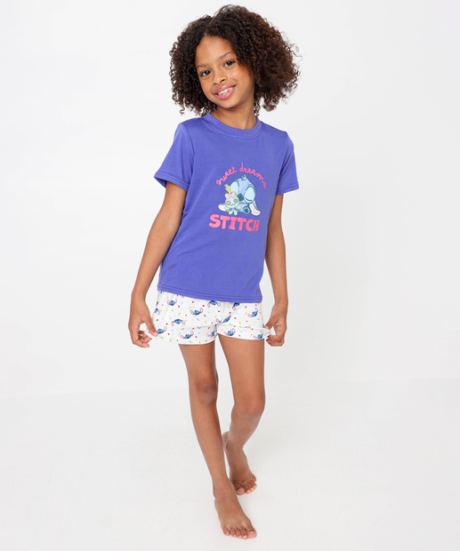 Pijama Infantil Manga Curta Stitch Tam 4 a 12 Lilás