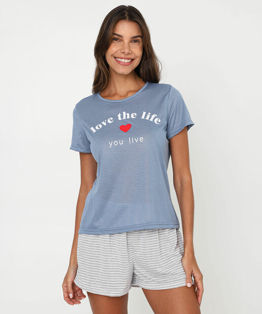Pijama Feminino Frase Frontal Manga Curta Marisa Azul