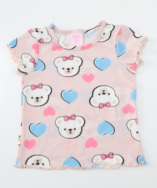 Conjunto Infantil Canelado Estampa Urso Tam 1 a 3 Rosa