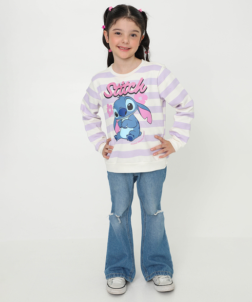 Blusão Infantil Moletinho Stitch Listrada Tam 4 a 10 Off White