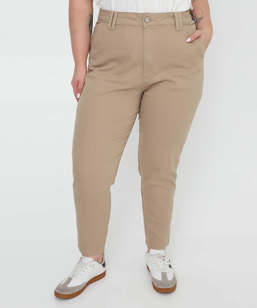 Calça Plus Size Feminina Mom Sarja Sawary Bege