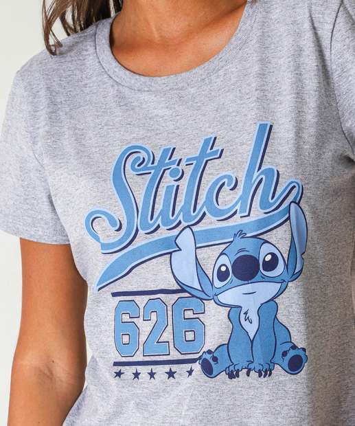 Blusa Feminina Estampa Stitch Manga Curta Disney Cinza