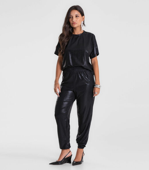 Calça Feminina Aladim em Malha Plissada Dianna Preto