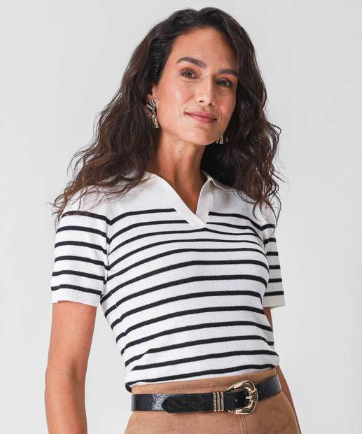 Image_Blusa Polo Feminina Listrada Manga Curta Marisa Off White