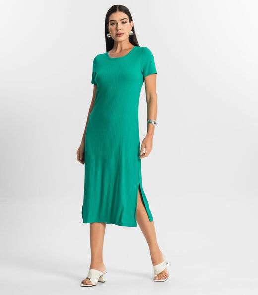 Vestido Midi Ribana Canelada Básico Rovitex Verde
