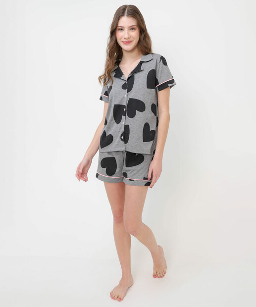Pijama Feminino Americano Coração Marisa Cinza