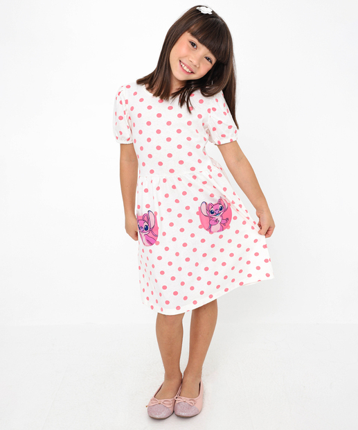 Vestido Infantil Poá Angel Disney Tam 4 a 10 Off White